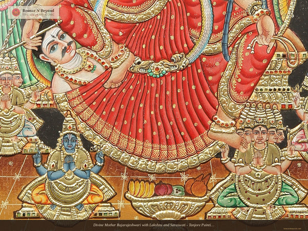 Divine Mother Rajarajeshwari with Lakshmi and Saraswati - Tanjore Painting with Hand-applied 24K Gold and Traditional Colours
