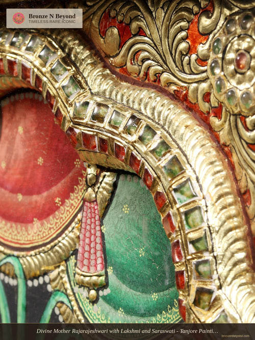 Divine Mother Rajarajeshwari with Lakshmi and Saraswati - Tanjore Painting with Hand-applied 24K Gold and Traditional Colours