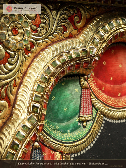 Divine Mother Rajarajeshwari with Lakshmi and Saraswati - Tanjore Painting with Hand-applied 24K Gold and Traditional Colours