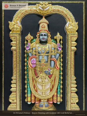 Sri Perumal (Vishnu) - Tanjore Painting with Sculpted 24K Gold Relief and Traditional Pigments