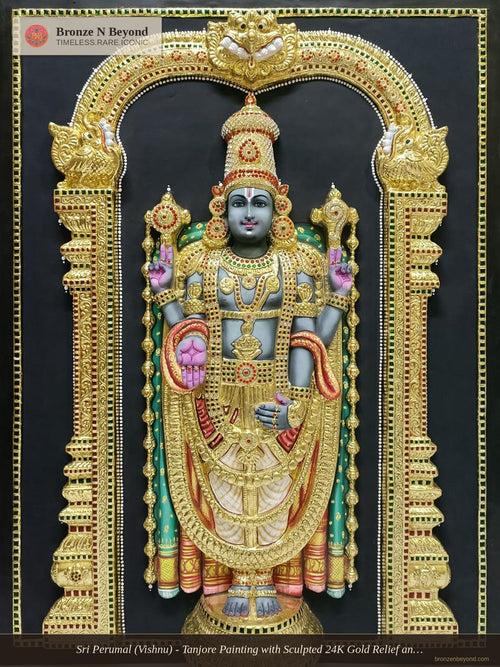 Sri Perumal (Vishnu) - Tanjore Painting with Sculpted 24K Gold Relief and Traditional Pigments