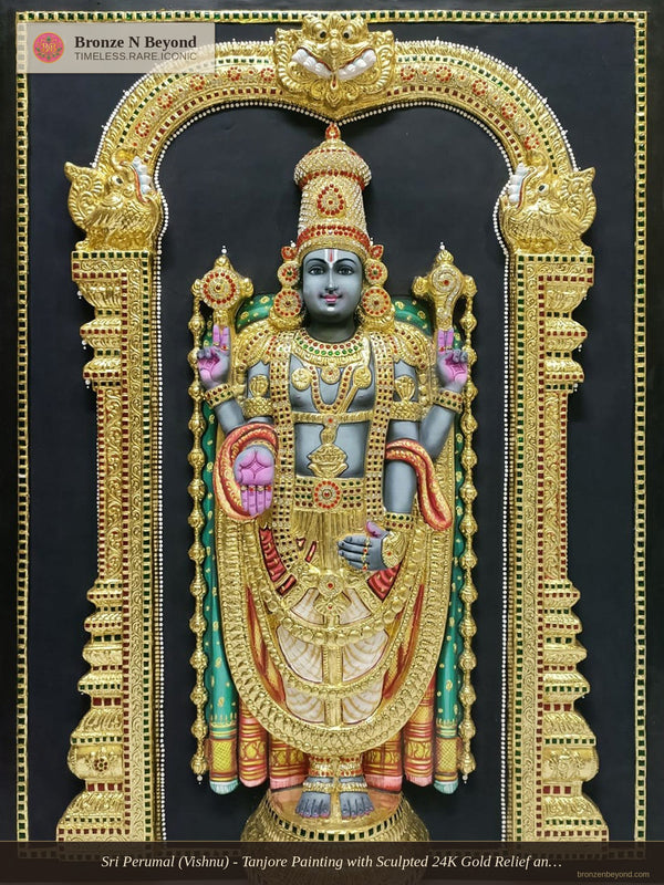 Sri Perumal (Vishnu) - Tanjore Painting with Sculpted 24K Gold Relief and Traditional Pigments
