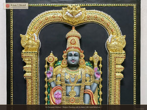 Sri Perumal (Vishnu) - Tanjore Painting with Sculpted 24K Gold Relief and Traditional Pigments