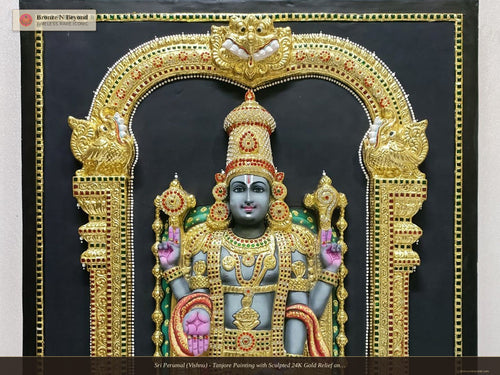 Sri Perumal (Vishnu) - Tanjore Painting with Sculpted 24K Gold Relief and Traditional Pigments
