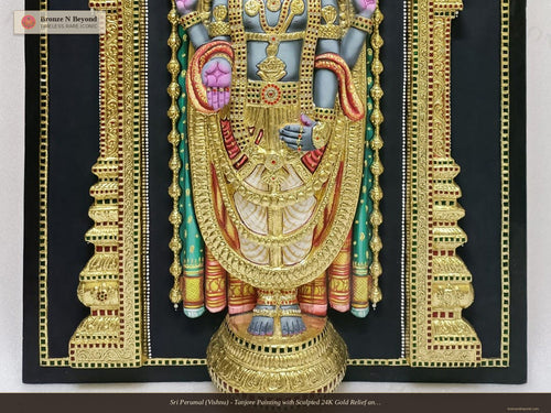 Sri Perumal (Vishnu) - Tanjore Painting with Sculpted 24K Gold Relief and Traditional Pigments