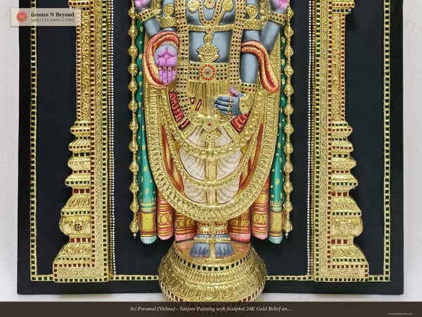Sri Perumal (Vishnu) - Tanjore Painting with Sculpted 24K Gold Relief and Traditional Pigments
