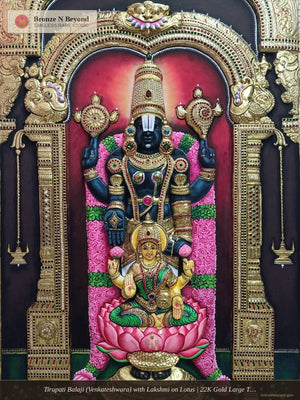 Tirupati Balaji (Venkateshwara) with Lakshmi on Lotus | 22K Gold Large Tanjore Painting