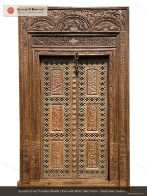 Hand-Carved Wooden Double Door with Metal Stud Work