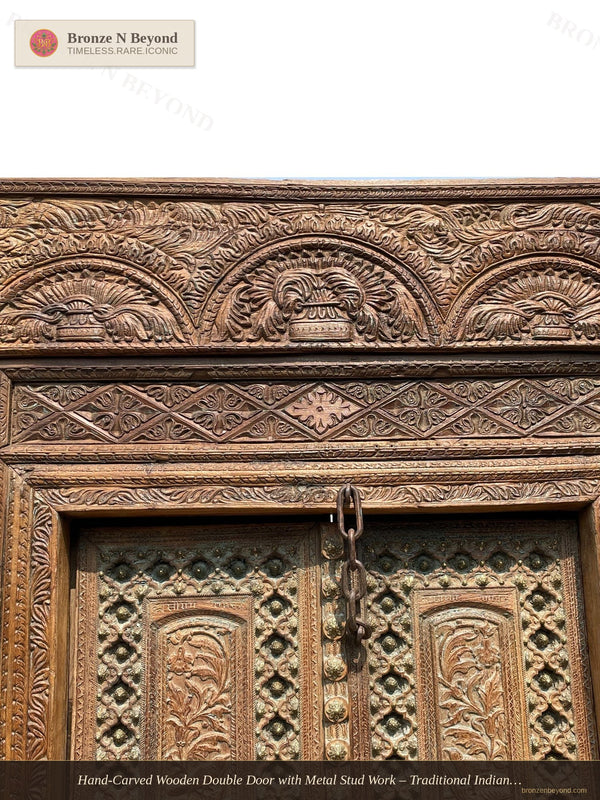 Hand-Carved Wooden Double Door with Metal Stud Work – Traditional Indian Entryway