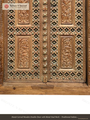 Hand-Carved Wooden Double Door with Metal Stud Work – Traditional Indian Entryway