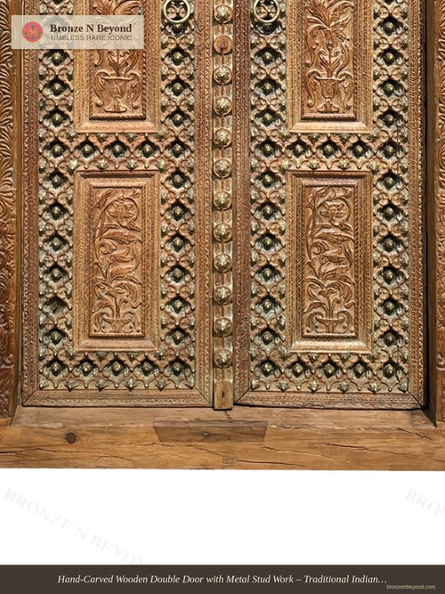 Hand-Carved Wooden Double Door with Metal Stud Work – Traditional Indian Entryway