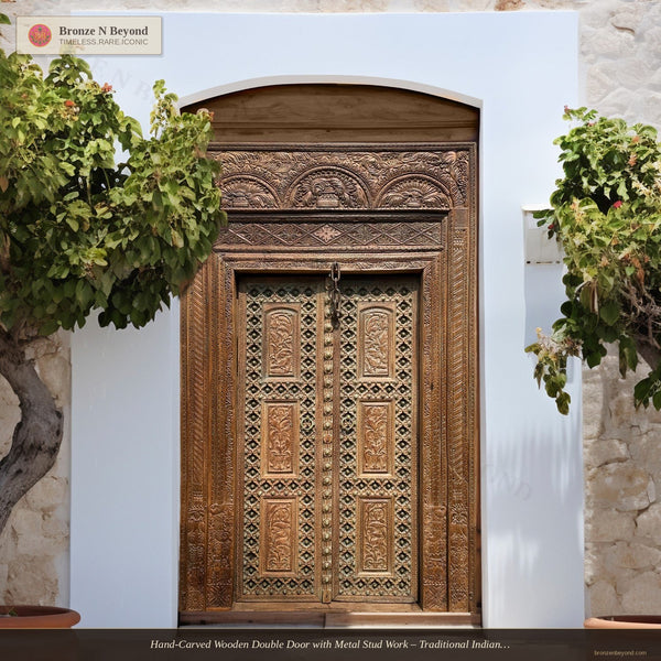 Hand-Carved Wooden Double Door with Metal Stud Work – Traditional Indian Entryway