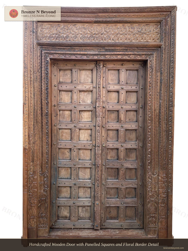 Hand-Carved Wooden Door with Square Motif and Floral Border
