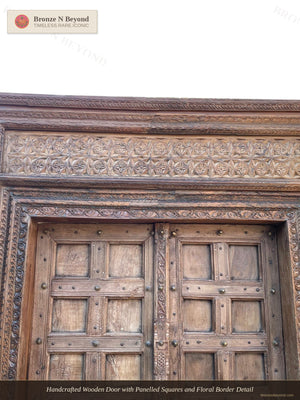 Handcrafted Wooden Door with Panelled Squares and Floral Border Detail