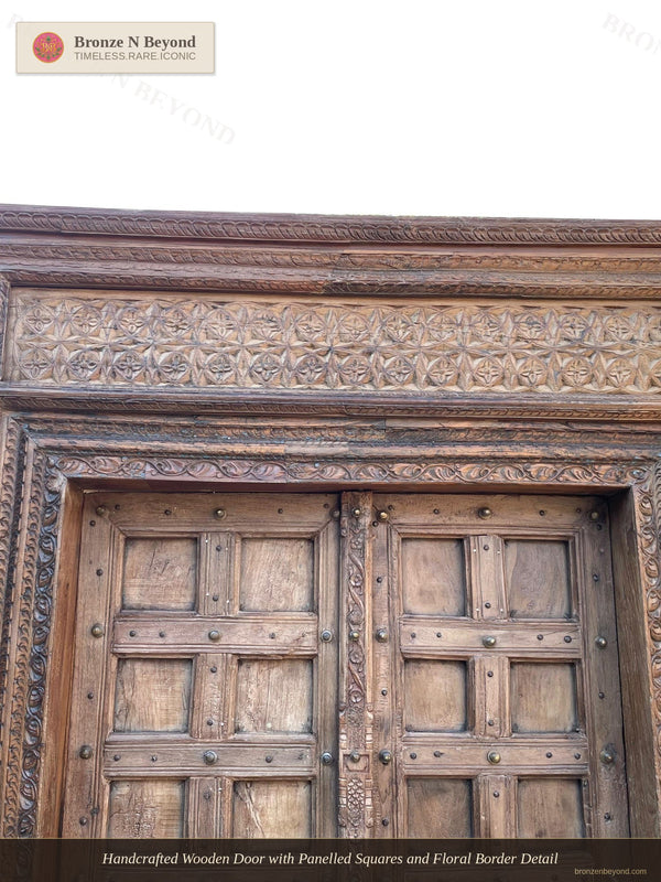 Handcrafted Wooden Door with Panelled Squares and Floral Border Detail