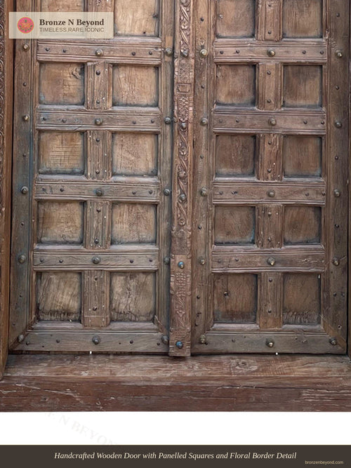 Handcrafted Wooden Door with Panelled Squares and Floral Border Detail