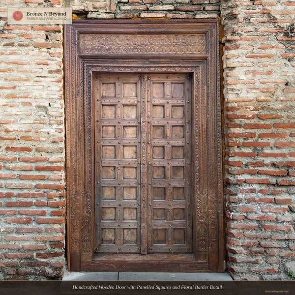 Handcrafted Wooden Door with Panelled Squares and Floral Border Detail