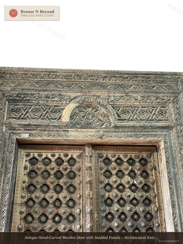 Antique Hand-Carved Wooden Door with Studded Panels – Architectural Entryway, Western India