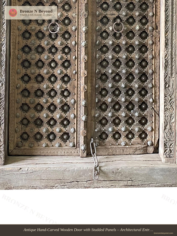 Antique Hand-Carved Wooden Door with Studded Panels – Architectural Entryway, Western India