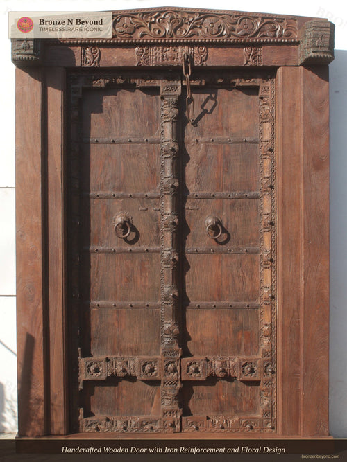 Large Traditional Wooden Door with Iron Strip and Floral Motif