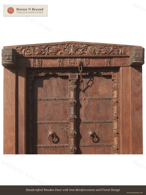 Handcrafted Wooden Door with Iron Reinforcement and Floral Design