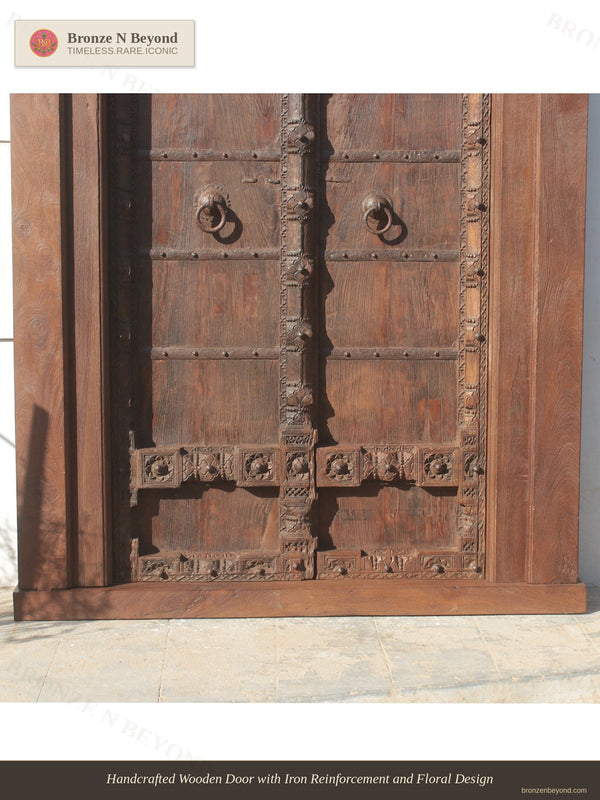Handcrafted Wooden Door with Iron Reinforcement and Floral Design
