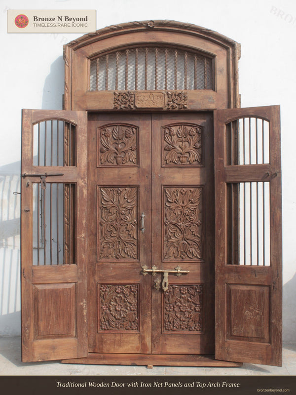 Large Traditional Wooden Door with Iron Rod Panel and Decorative Top Frame