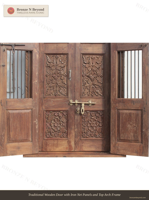 Traditional Wooden Door with Iron Net Panels and Top Arch Frame