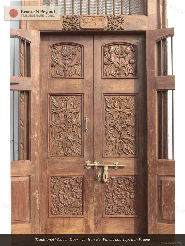 Traditional Wooden Door with Iron Net Panels and Top Arch Frame