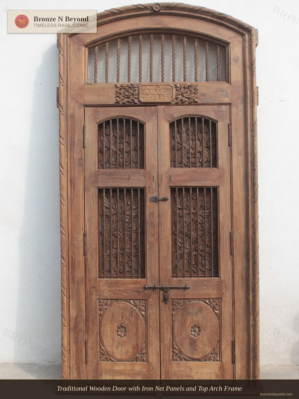 Traditional Wooden Door with Iron Net Panels and Top Arch Frame