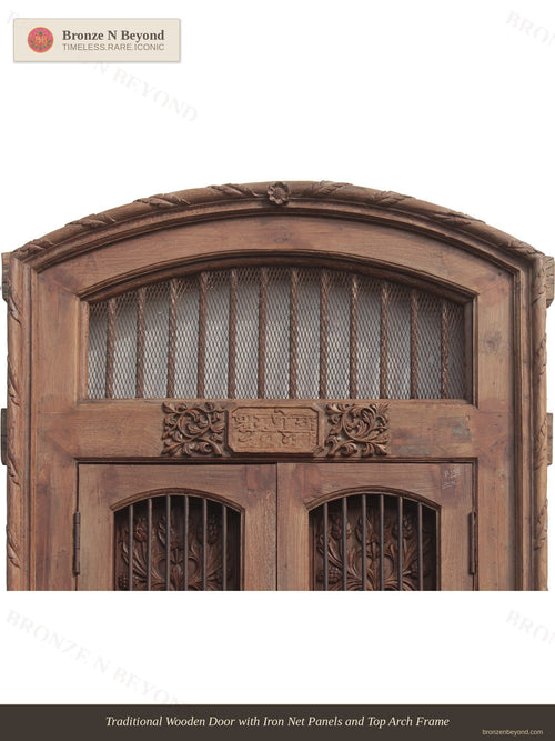Traditional Wooden Door with Iron Net Panels and Top Arch Frame