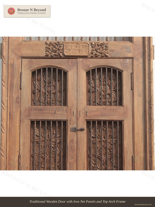 Traditional Wooden Door with Iron Net Panels and Top Arch Frame