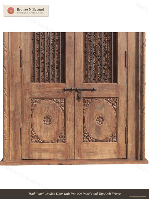 Traditional Wooden Door with Iron Net Panels and Top Arch Frame