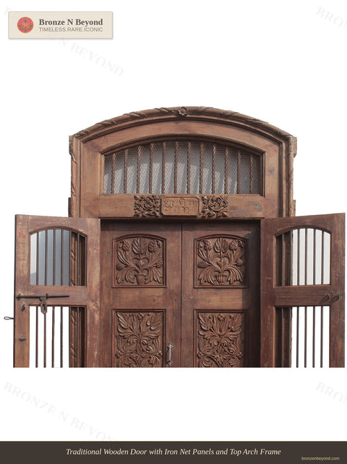 Traditional Wooden Door with Iron Net Panels and Top Arch Frame