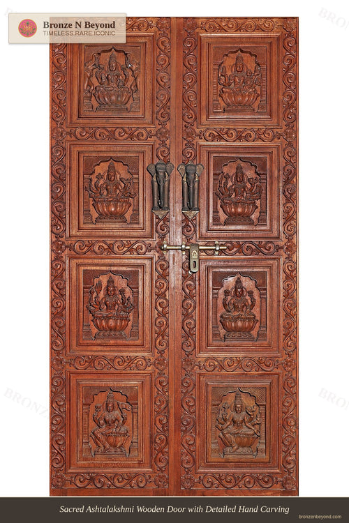 Sacred Ashtalakshmi Wooden Door with Detailed Hand Carving