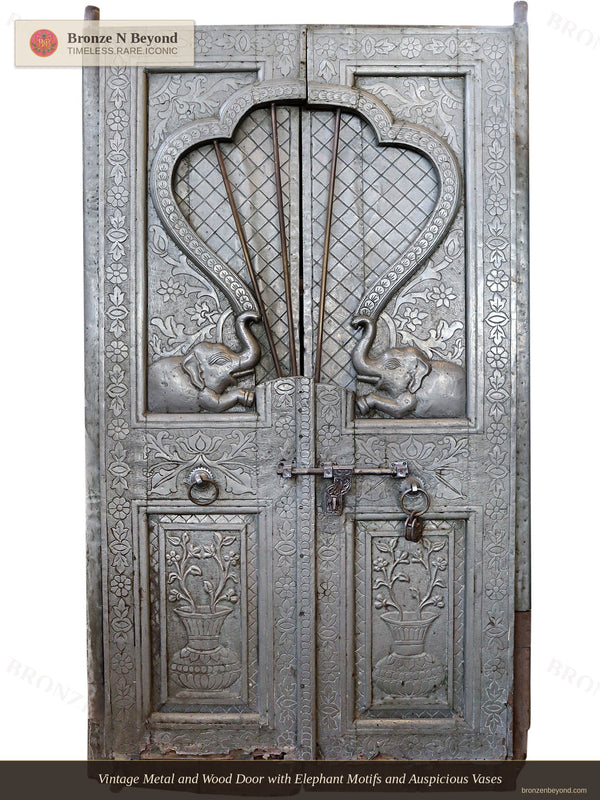 Large Old Grey Wooden Door with Carved Elephants and Vases
