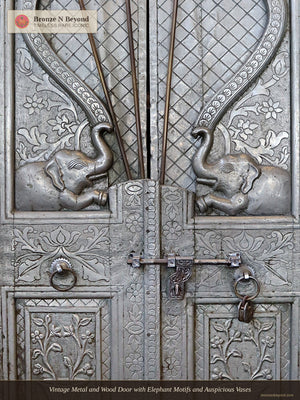 Vintage Metal and Wood Door with Elephant Motifs and Auspicious Vases
