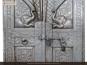 Vintage Metal and Wood Door with Elephant Motifs and Auspicious Vases