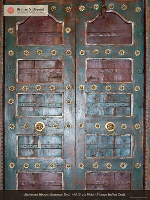 Statement Wooden Entrance Door with Brass Work - Vintage Indian Craft