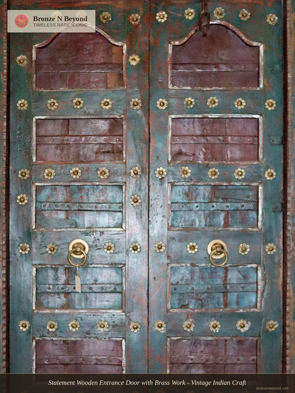 Statement Wooden Entrance Door with Brass Work - Vintage Indian Craft