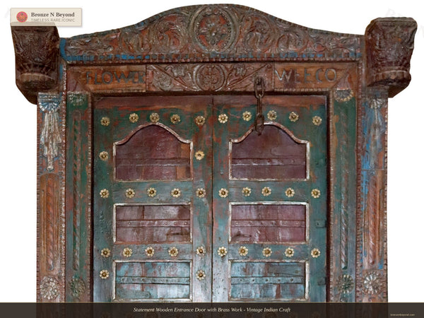 Statement Wooden Entrance Door with Brass Work - Vintage Indian Craft