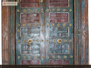 Statement Wooden Entrance Door with Brass Work - Vintage Indian Craft
