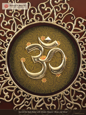 Sacred Om Wall Panel with Ornate Filigree - Brass and Wood