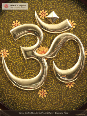 Sacred Om Wall Panel with Ornate Filigree - Brass and Wood