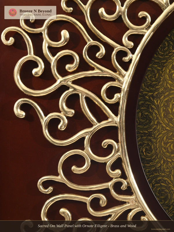 Sacred Om Wall Panel with Ornate Filigree - Brass and Wood