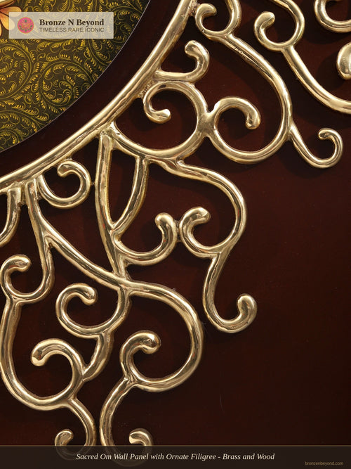 Sacred Om Wall Panel with Ornate Filigree - Brass and Wood