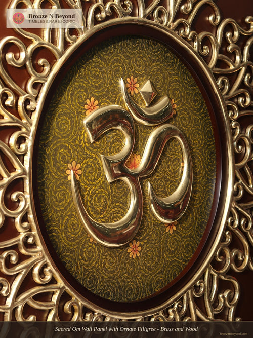 Sacred Om Wall Panel with Ornate Filigree - Brass and Wood