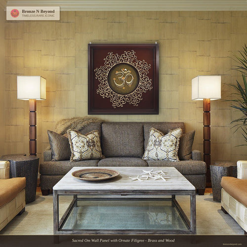 Sacred Om Wall Panel with Ornate Filigree - Brass and Wood