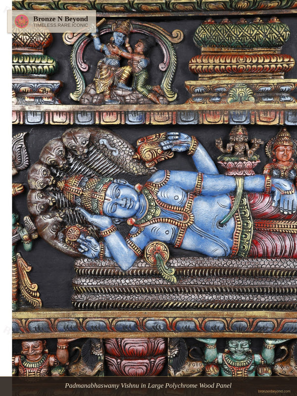 Padmanabhaswamy Vishnu in Large Polychrome Wood Panel