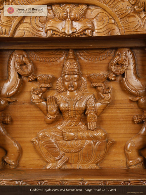 Goddess Gajalakshmi and Kamadhenu - Large Wood Wall Panel